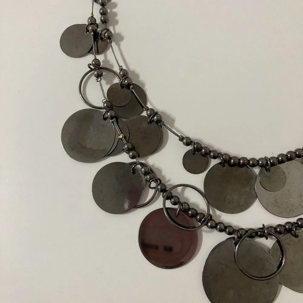 Wire Disc Round Circle Ringlet Chrome Bead Statement Bib Necklace Adjustable